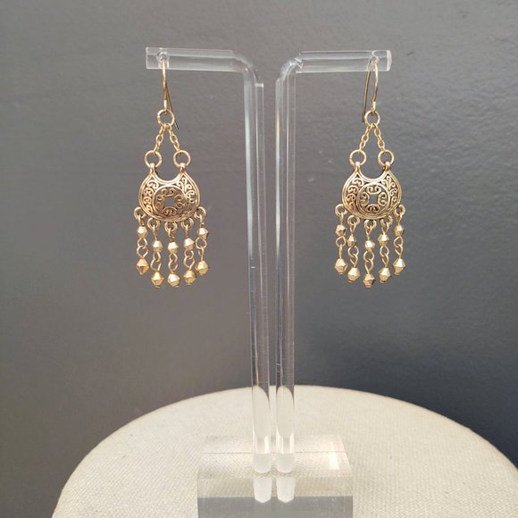 Gold scroll earrings with dangles - Picture 2 of 9
